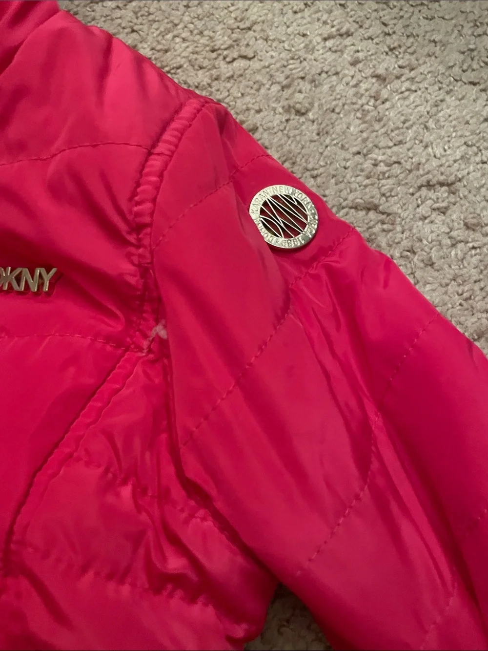 DKNY Girls' Bright Pink Reversible Hooded Quilted Puffer Coat